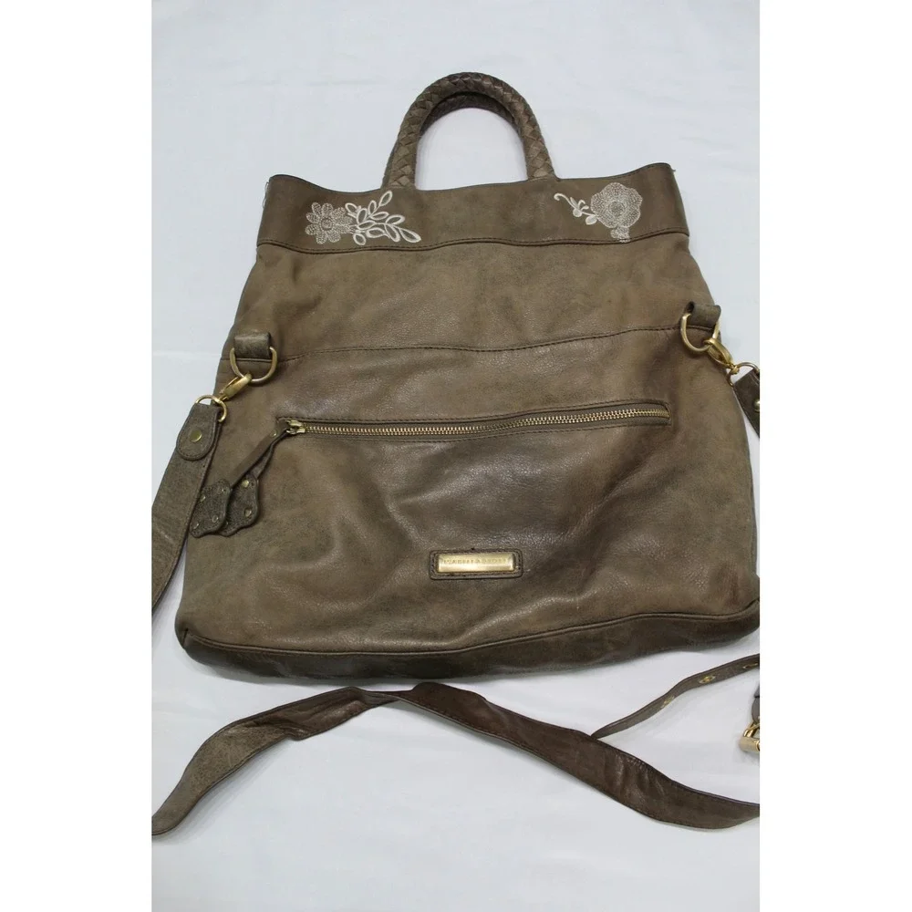 Isabella Fiore Brown Leather Embroidered Floral Tote Crossbody Bag Boho Brass